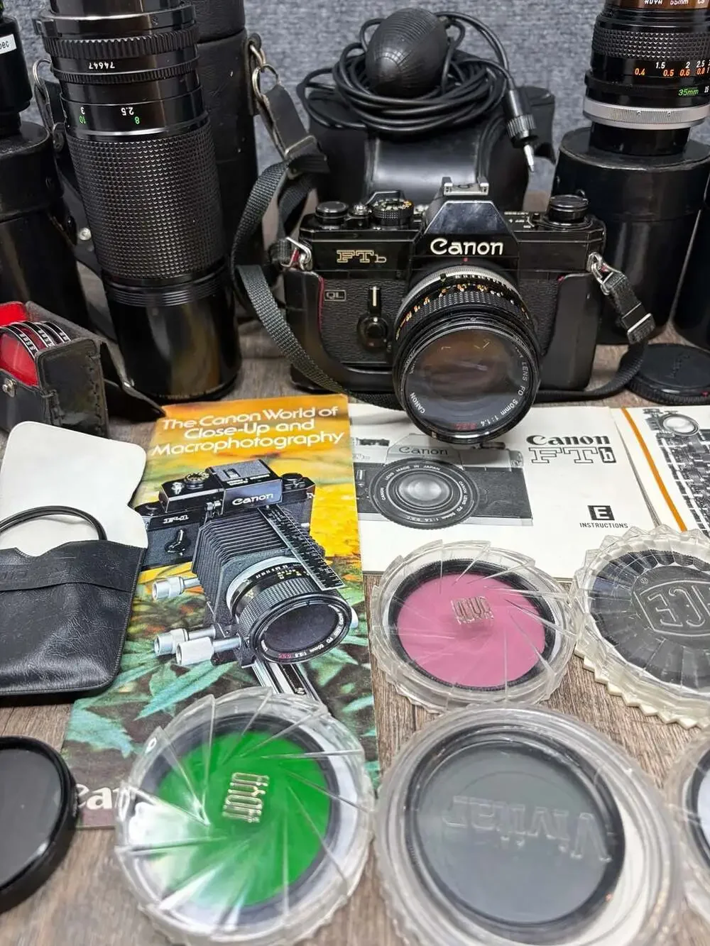 Vintage Canon FTb 35mm SLR Film Camera Bundle with Lenses, Bellows & Accessories